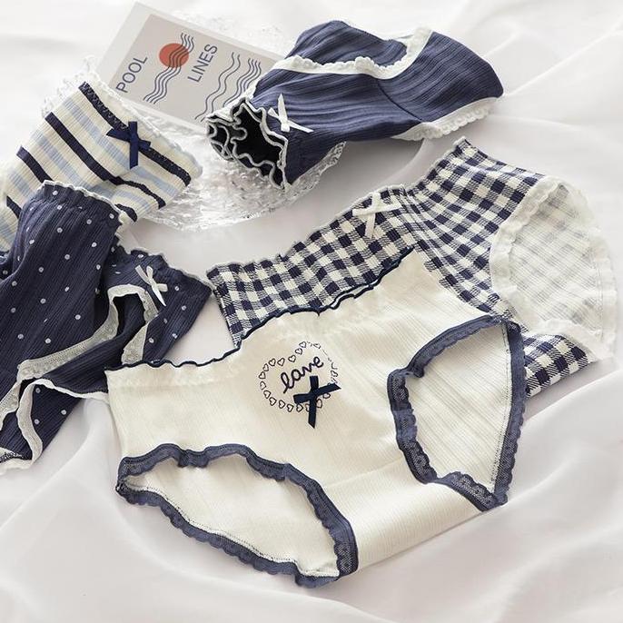 CD2145> CD Celana Dalam Cewek Bahan Katun Adem Motif Cantik  Pita Lucu Navy Putih Nyerap Keringat Un