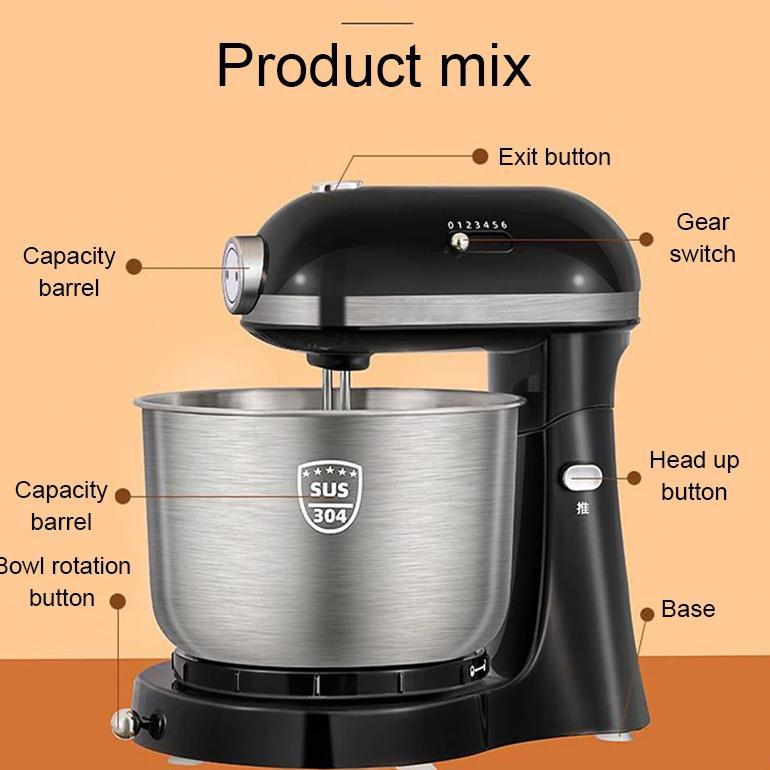 JIQI 4L Stainless Steel Bowl Electric Stand Food Mixer Egg Beater Cream Blender Handheld Whisk Cake 