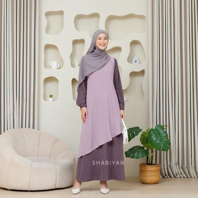 SHABIYAN-456 Gamis Set Dress Muslimah Casual Outer Inner Dress Cardigan Lepas Pasang