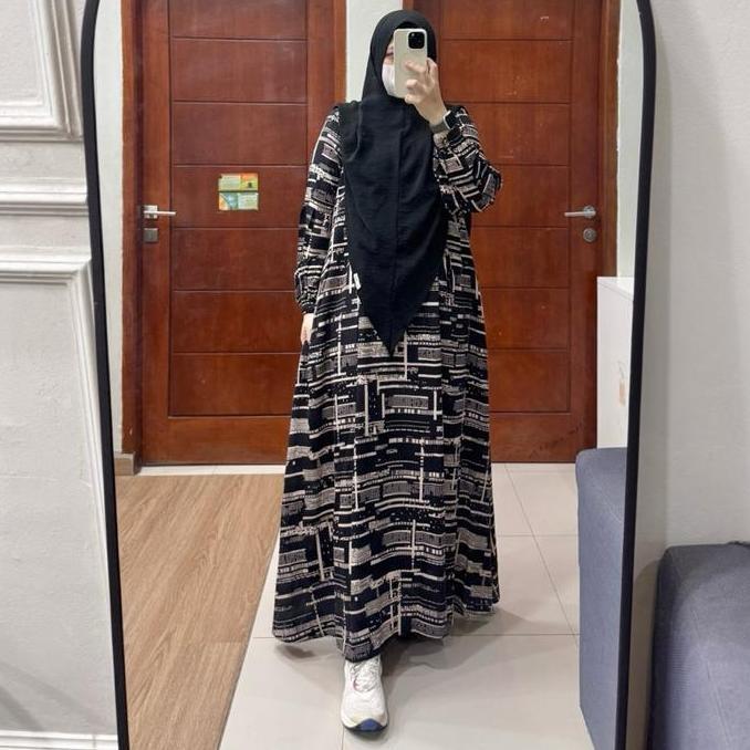 Tania Dress Gamis Rayon Viscose Busui Friendly Tanpa Hijab Manset Karet Tangan Semi Balon