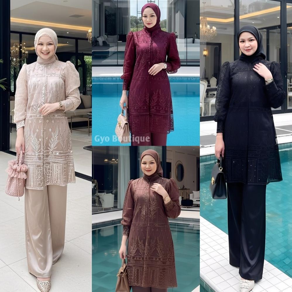 CUCI GUDANG GYO PREMIUM INNER OUTER BURGUNDY SETELAN WANITA SAKURA ONE SET MOTIF TILE BROKAT TUNIK P