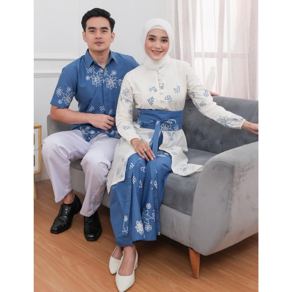 Rayana Couple Batik Family Set Sarimbit Keluarga Atasan Tunik Lebaran Batik Cap Biru Blue
