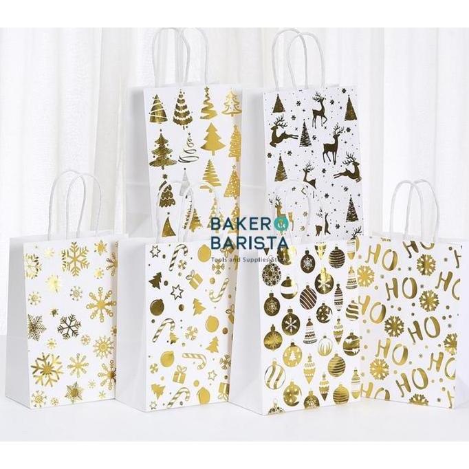 {{{{{{] Xmas Paper Bag Gold Stamp Random 21x15x8cm Goodies Bag Paperbag Natal Tas Kado Bungkusan Chr