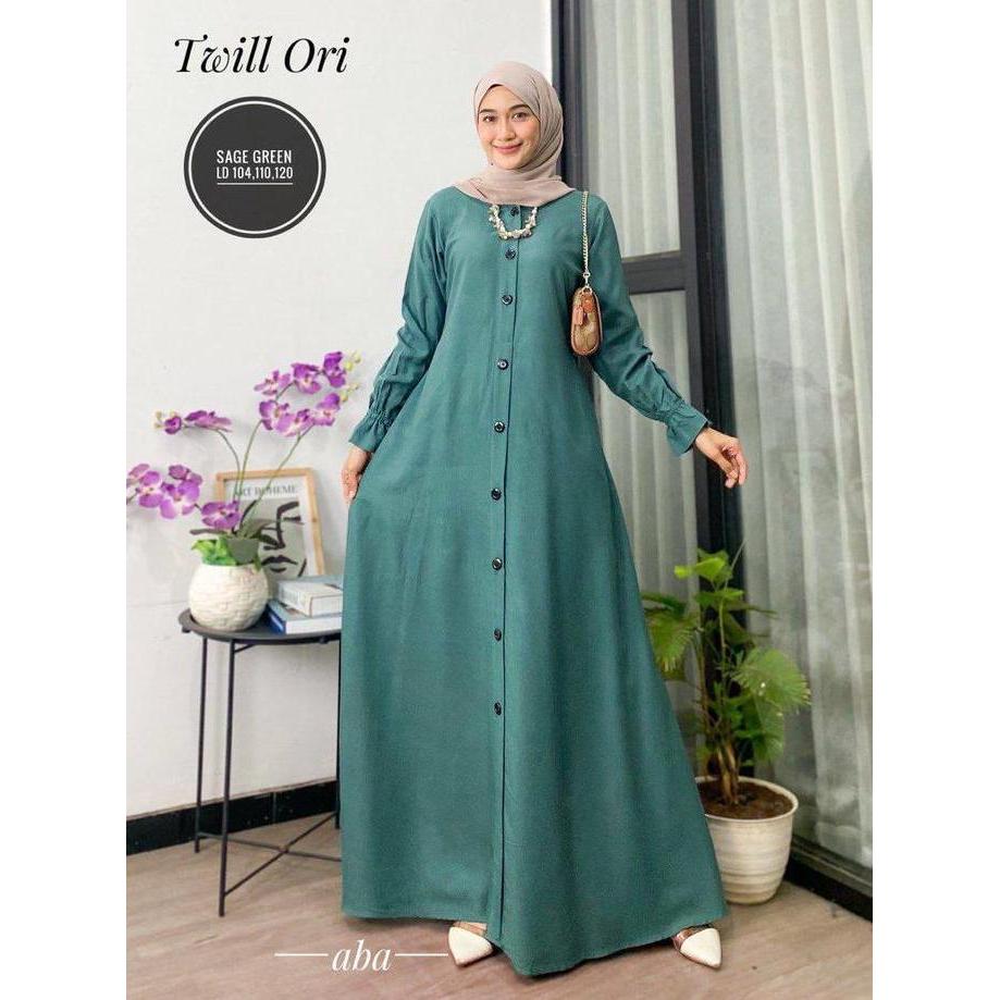 gamis polos twil ori dress panjang busui tali samping Muslim Twill Kancing Cantik Karet Wudhu Kain L