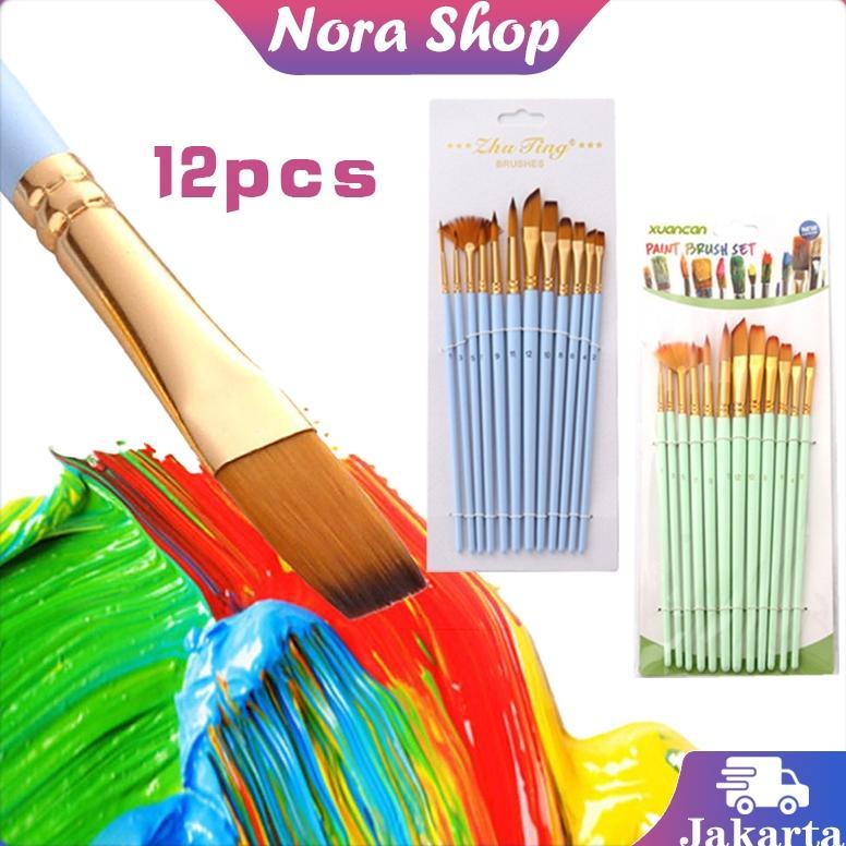 12pcs Kuas Lukis Set Kuas Cat Minyak Nilon Kuas Melukis Lengkap Perlengkapan Seni