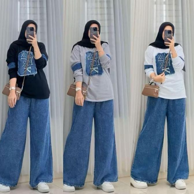Set celana kulot  jeans mix kaos combad NY by jevani