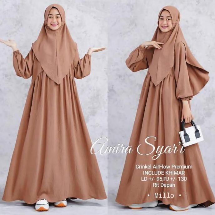 Amira Syari Kids Sage Gamis Anak Perempuan (FREE HIJAB) Usia 9-17 Tahun Crinkle AirFlow Hitam Polos