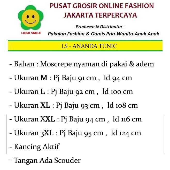 FREE ONGKIR ANANDA TUNIK - LOGO SMILE (LS) - UKURAN M-3XL - MATT MOSCREPE