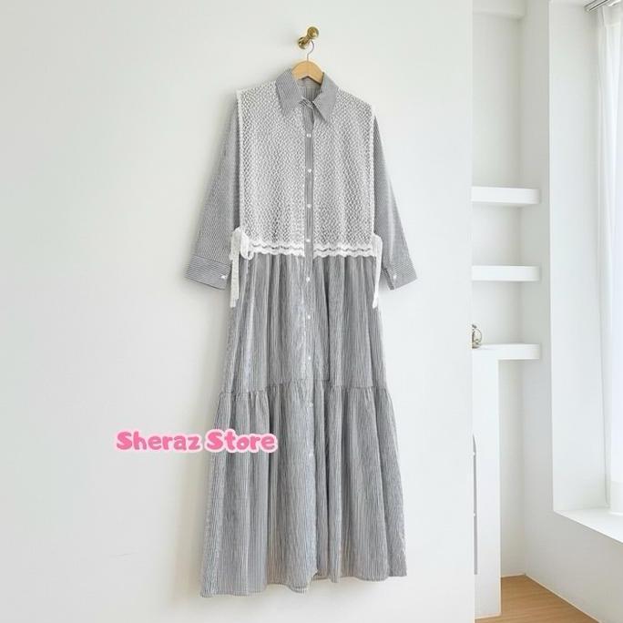 Kania S M L XL XXL Gamis Dress Katun Salur Mix Vest Brokat Wanita Remaja Kekinian Jumbo Ld 120 - 92 