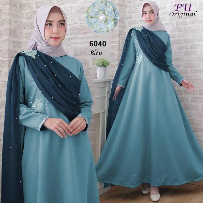 5320 Gamis biru muda soft pastel gamis terbaru hias mutiara murah 5819