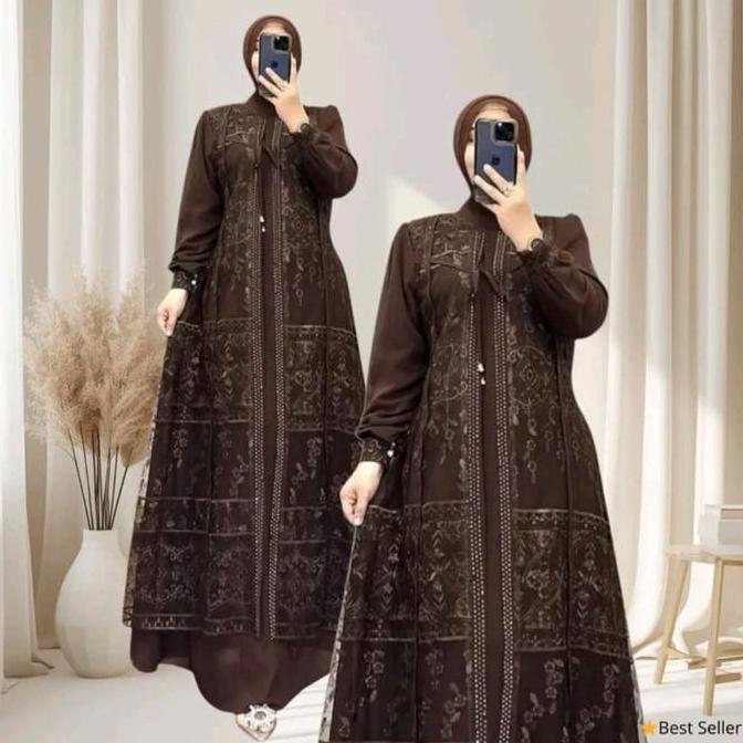 DAVINA DRESS Baju Gamis Melayu Ceruty Babydoll Brukat Etnik Malika Terbaru 2026 Warna Burgundy Mocca