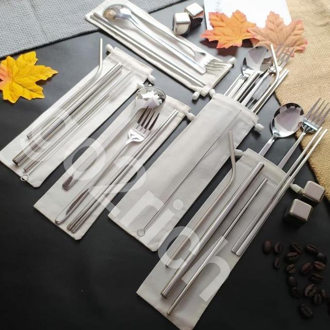 Foodcity- Sendok Set Sendok Korea Set Garpu Sumpit Sedotan Stainless Set Pouch