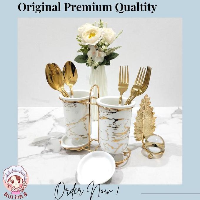 Foodcity- Tempat Sendok Keramik Mewah Wadah Sendok Keramik Marble Set