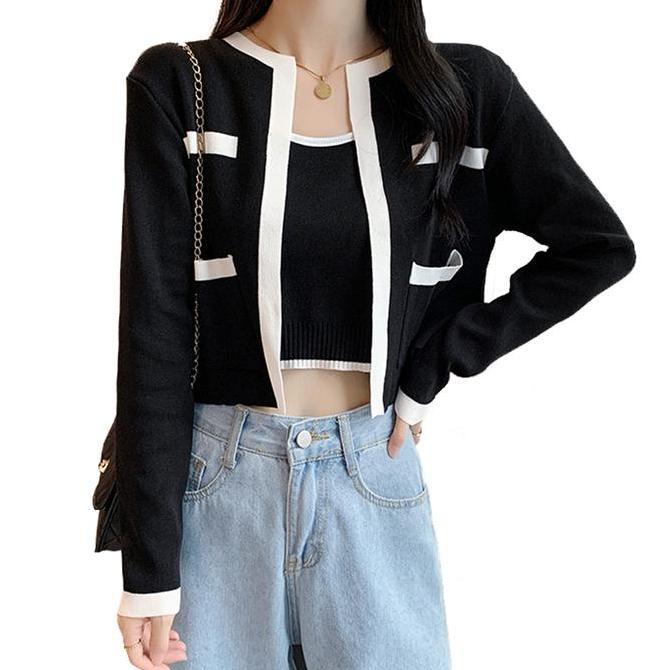 Ginfinik- Cardigan Tank Top Set 2 Pcs Knit Wanita Baju Hitam Putih Kombinasi Atasan Basic Setelan Ou