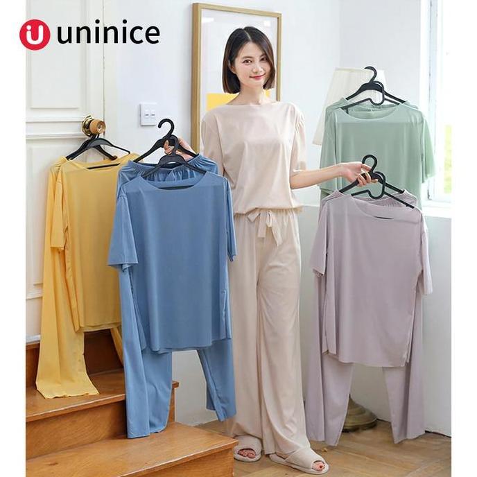 Ginfinik- Uninice [Cod] Setelan Kasual Lengan Pendek Warna Solid Es Sutra Wanita Gaya Korea Merah Pa