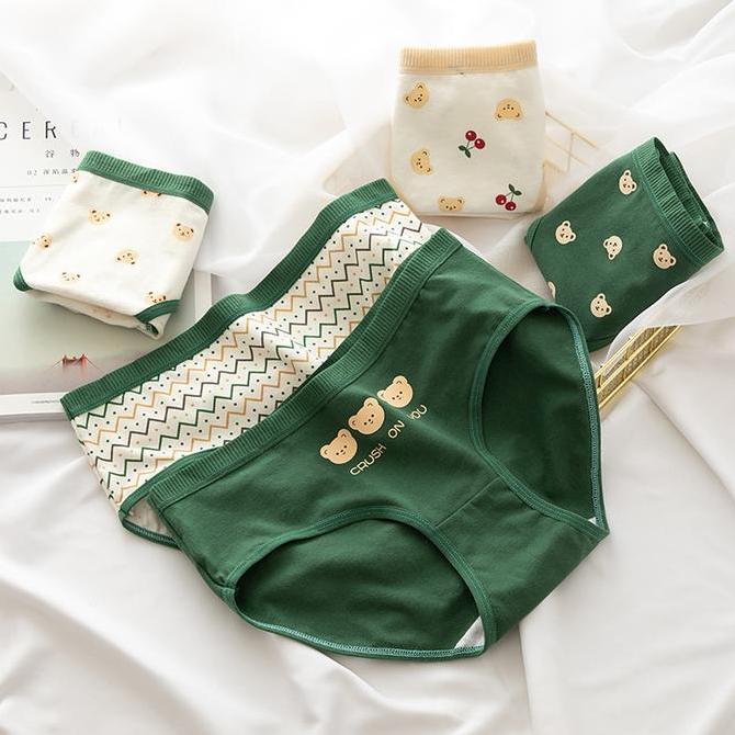 12 Pcs CS07 Celana Dalam wanita Motif Bear Hijau Cd Wanita Boxer Katun Spandex