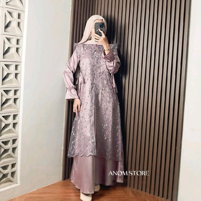 Jasmine Dress MAUVE - Satin Kombinasi Brokat Premium Gamis Kondangan / Bridesmaid / Lebaran 2026