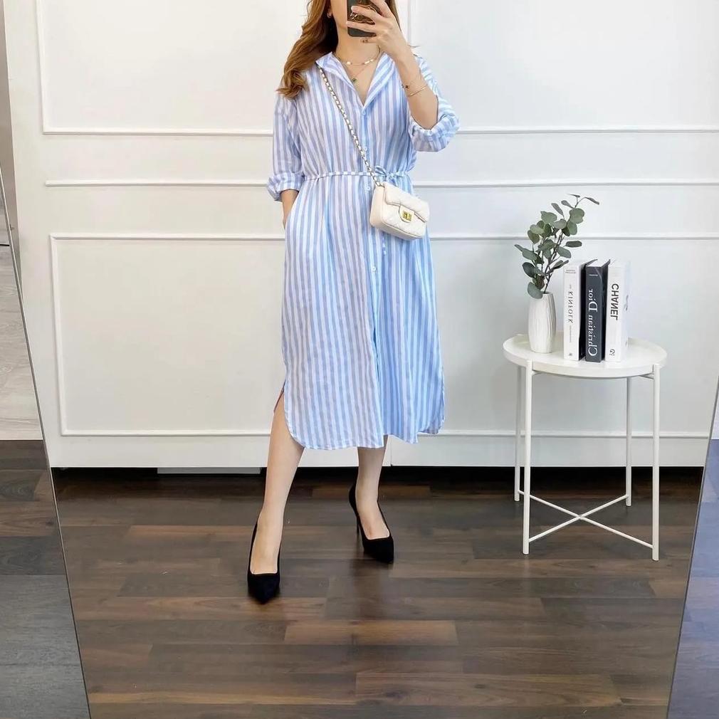 Be.gracious-Stripe tunik oversize / tunik / tunik model ter/dress salur kancing depan