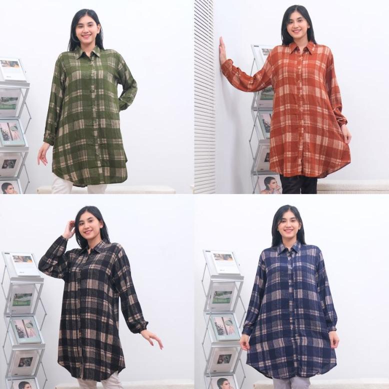 Tunik Kemeja Wanita / Bahan Rayon Salur & Kotak Ld 110 & Ld 120 Oversize Lengan Panjang Karet Kemeja