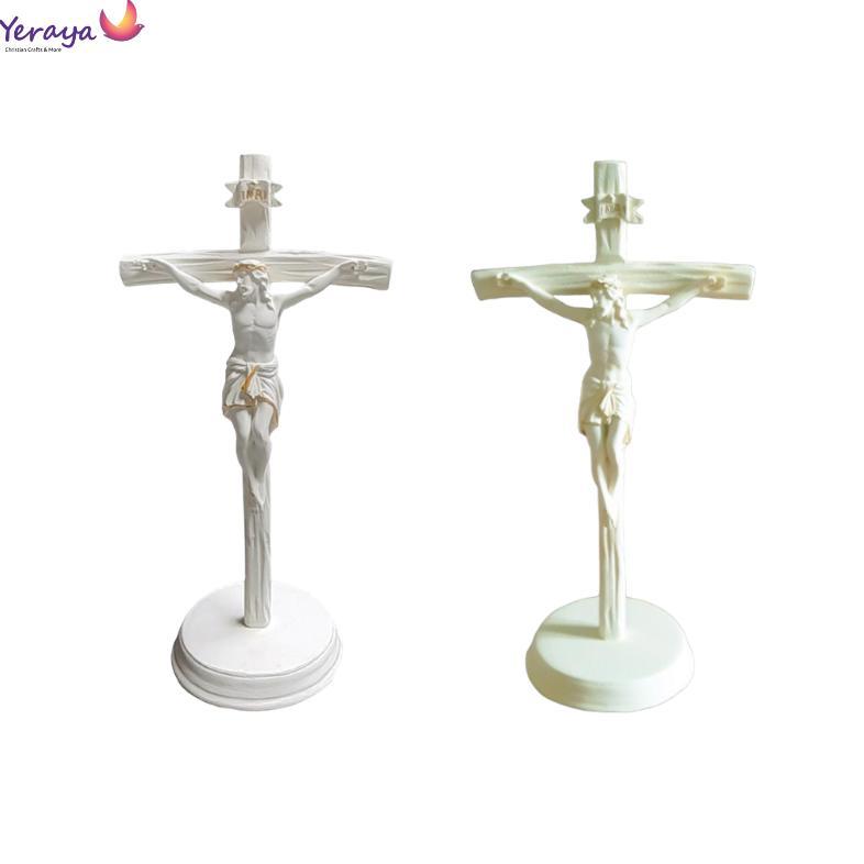[HX] Salib Duduk Resin Motif Kayu Full Putih 25cm Pajangan Salib Meja Salib Yesus Katolik
