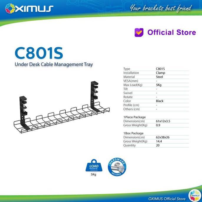 Promo Oximus C801 Compact Clamp-On Under-Desk Cable Management Tray Rak Kabel Meja Jepit Tanpa Bor, 
