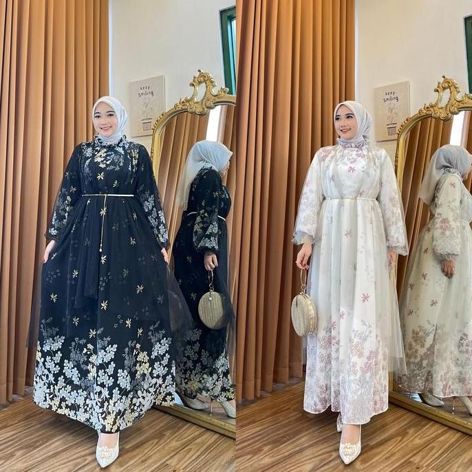 YV1189 SET 2IN1 BAHAN CERUTI+OUTER TULLE+FREE BELT / GAMIS LENGAN PANJANG