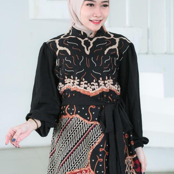 FATIMAH DRESS BATIK Muslimah Motif AMERA HITAM Bahan Katun Kombinasi Rayon Twill Hijab Friedly dan B