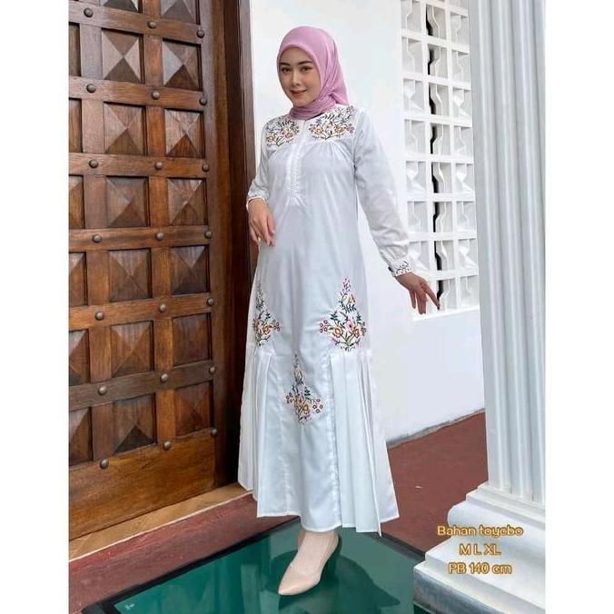 Gamis Bordir Bunga Toyobo Premium Busui Friendly Wudhu Friendly - Radiafashion - Pesta, Katun, Maxi,