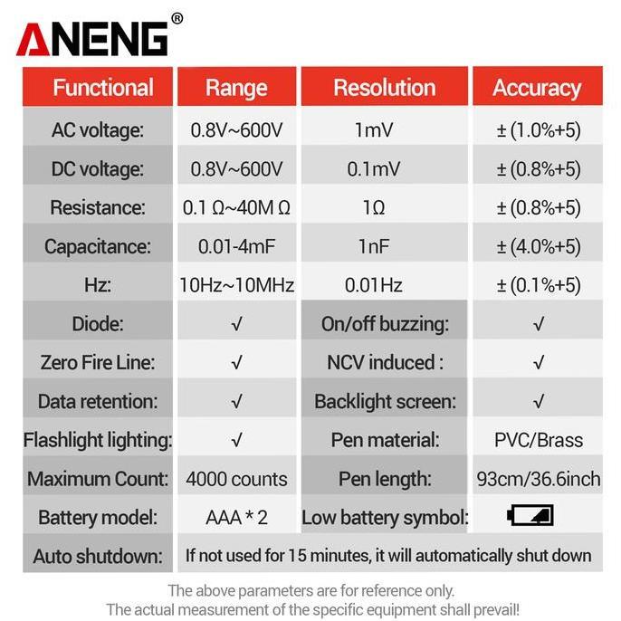 Foxc- Aneng A3006 Pen Type Digital Multimeter 4000 Count Tester Zero Fire