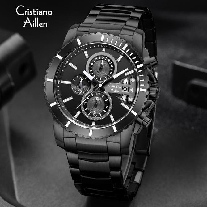 Cristiano Aillen Jam Tangan Pria Analog CA 8898 ST Stainless Steel Chronograph Kaca Sapphire Water R