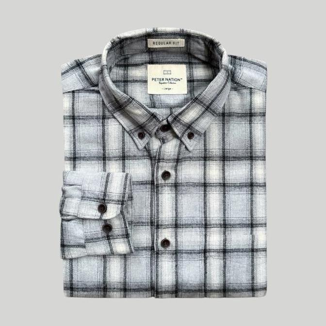 Peternation kemeja flanel pria wool basic panjang regular fit  PT113 High Kerah Kotak