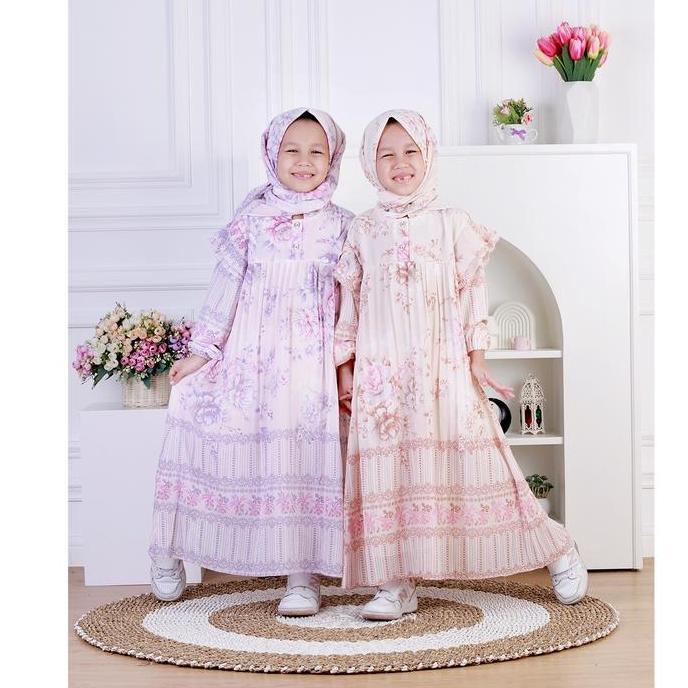Dungdungkids Gamis Anak Vanesha Ceruty Motif Bunga Plisket Free Jilbab Segi Empat 5 - 11 Tahun