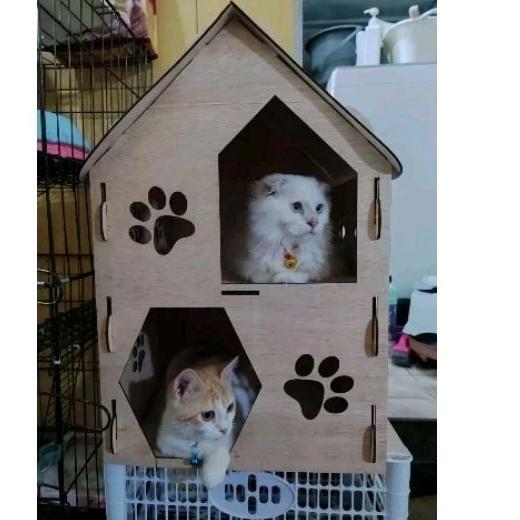 READYY Kandang Rumah Kucing Kayu 2 Tingkat Murah Albasia Aman