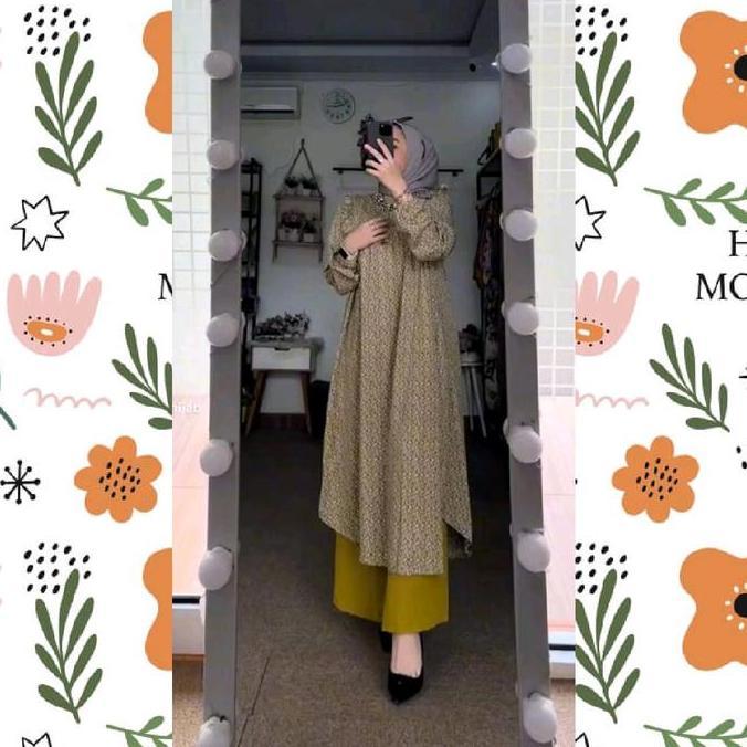 Grosir Set Tunik Wanita  One Set Long Tunik Kancing Motif / Bahan Atasan Rayon Diamond Mix Crinkle A