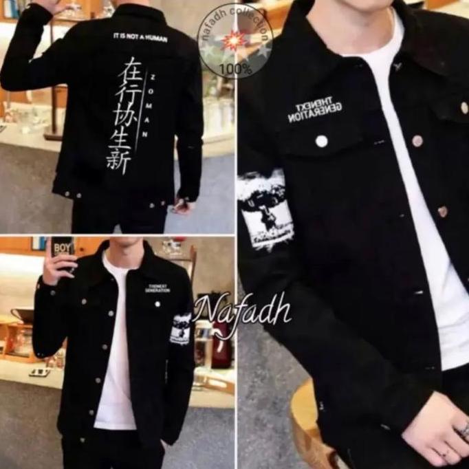 Larisyaa- Jaket Jeans Denim Human Tulisan Jepang Atr  Pria Hitam Motif Cowok Distro Keren Panjang Ca