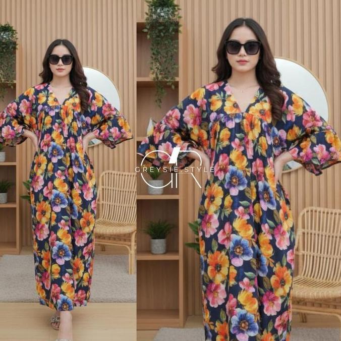 DF304 - Daster Dress Terbaru Motif Rayon Premium Lengan Lonceng Dress V Neck Resleting Busui 2025