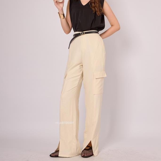 DB201 - Jayden Pants - Celana Cargo Panjang Wanita Straight Highwaist Premium Details Front Slit - B