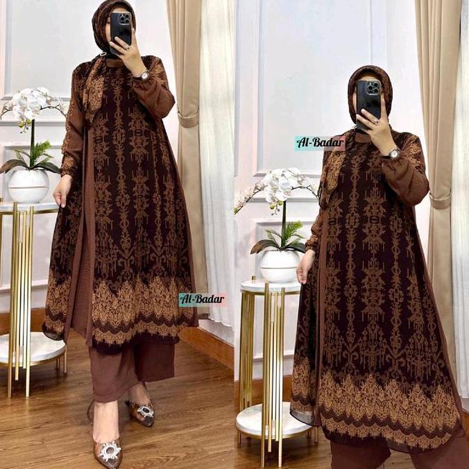 SETCEL LONG TUNIK TERBARU SUDAH SET HIJAB BAHAN CERUTY MIX CERINGKEL Baju Celana Lembut Motif Muslim