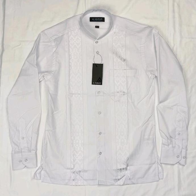 Kemeja Koko Alisan Pria Lengan Panjang Kerah Shanghai Bordir Putih PS