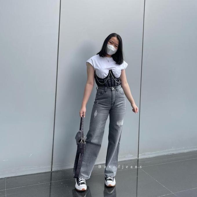 Awet Boxofjeans - Milly Ripped Hw Loose Jeans - Grey // Celana Panjang Wanita High Waist