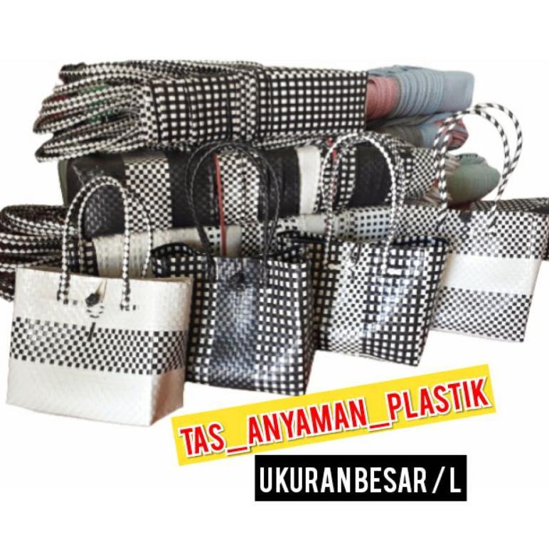 Readyy Tas Anyaman Plastik Premium Rotan Hampers Murah Keranjang Belanja Anyam Monokrom Size L dan M