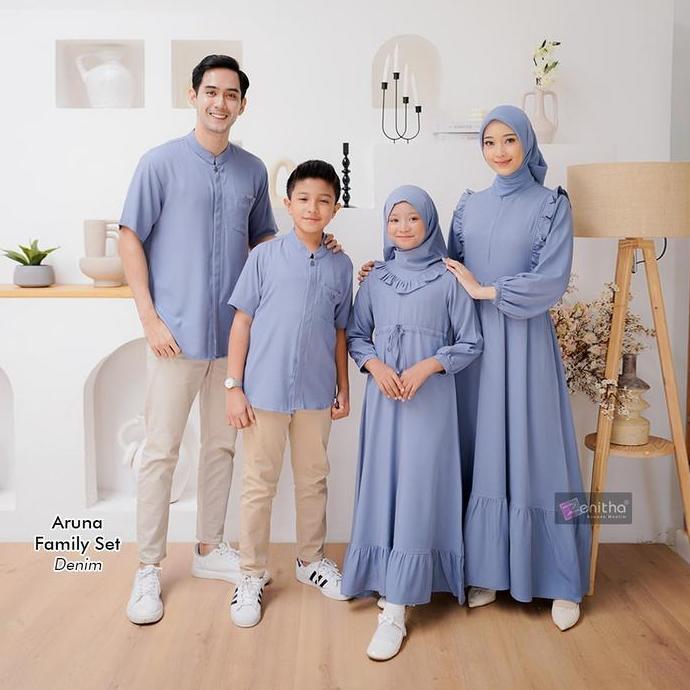 Zenitha - Aruna Denim/Caramel Sarimbit Keluarga Lebaran Couple Family Set Premium Baju Muslim Ruffle