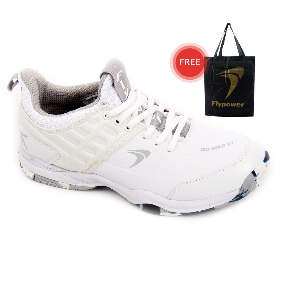 BEST SELLER FLYPOWER RIO GOLD V1 SEPATU BADMINTON WHITE LITE GREY TONTOWI AHMAD  SERIES FREE SHOES B