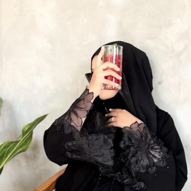 Abaya Hitam Wanita Terbaru Arab Muslim Maxi Bordir Mata Dubai Jalabia Flowers Gamis Turki Kombinasi 