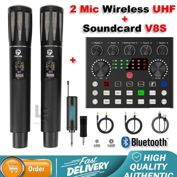 REBEKA.TOKO - SOUNDCARD SOUND CARD V8 LIVE MIXER AUDIO BROADCAST RECORDING + 2 MIC WIRELESS