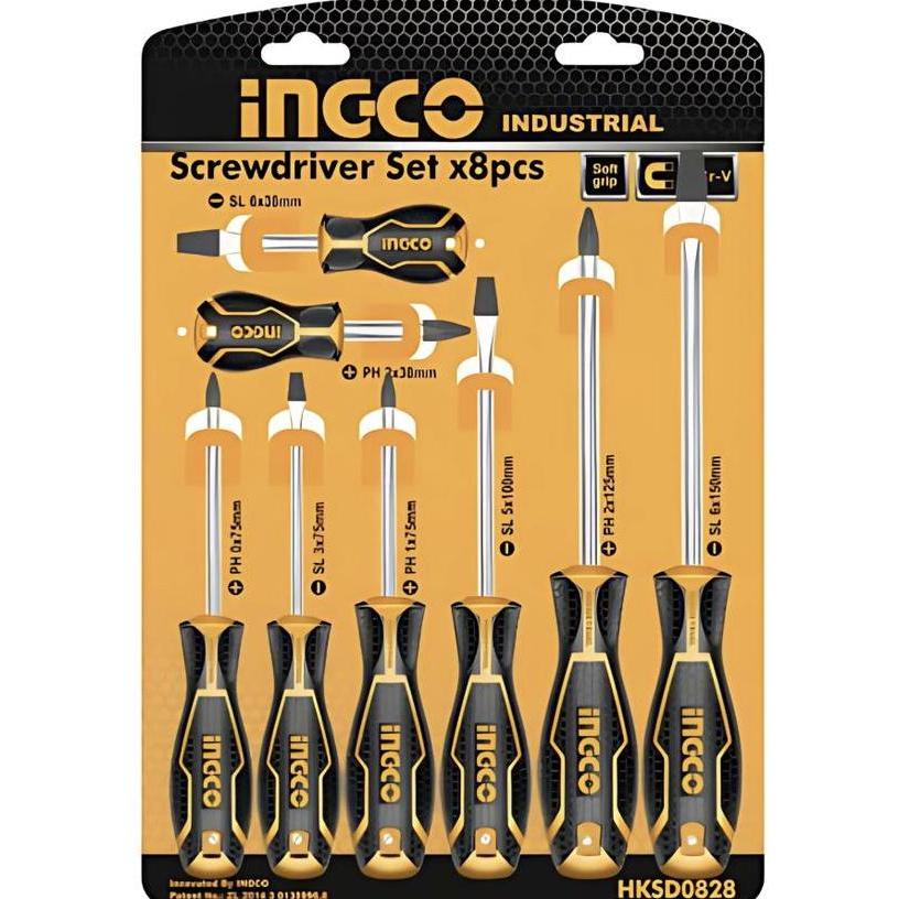 PHIMO INGCO Obeng Set 8-Pc GG Karet Screwdriver Obeng Plus Minus HKSD0828 Bahan CR-V Pisau Bundar De