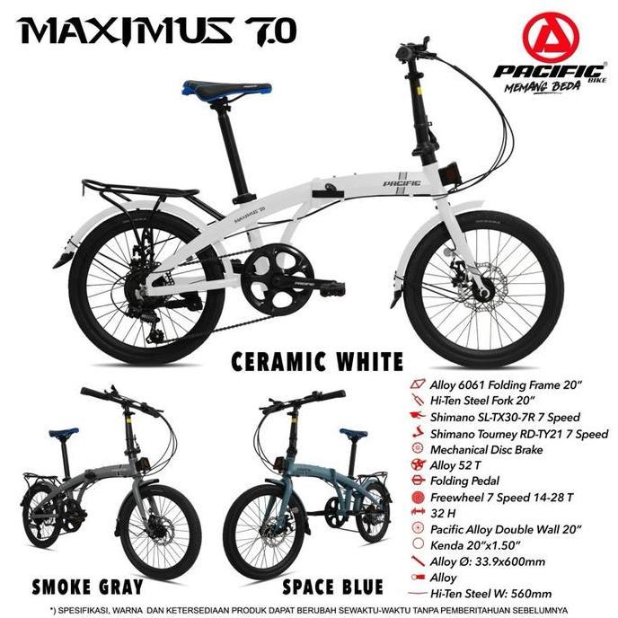 Terlaris Pacific Sepeda Lipat Maximus 7.0 Ceramic White Alloy 6061 Frame 20" Hi-Ten Steel Fork 20" S
