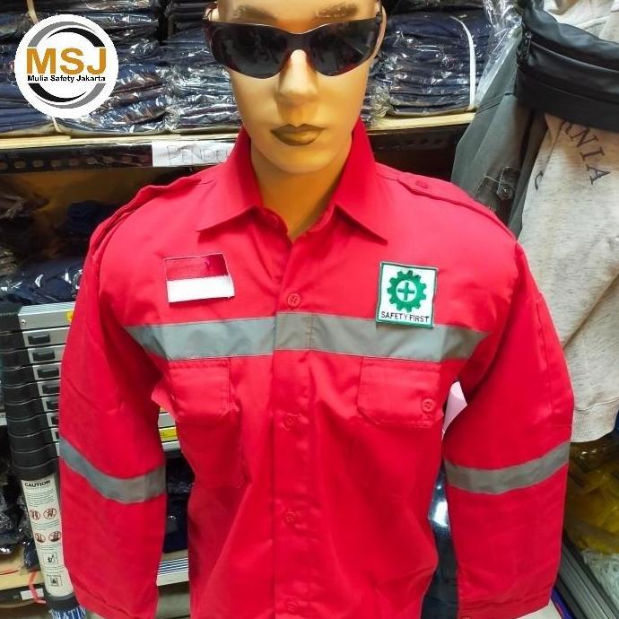 baju seragam kerja safety merah / baju atasan kerja safety+ logo k3