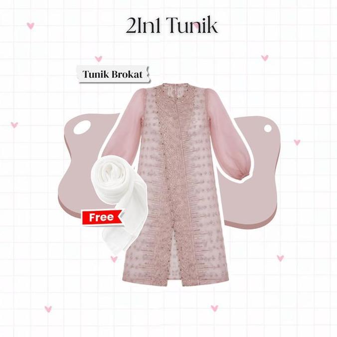 AYYANA One Set 3In1 Outfit Tunik Lebaran Kekinian ( Bella Square + Tunik Brukat + Rok Pita )  - CO84