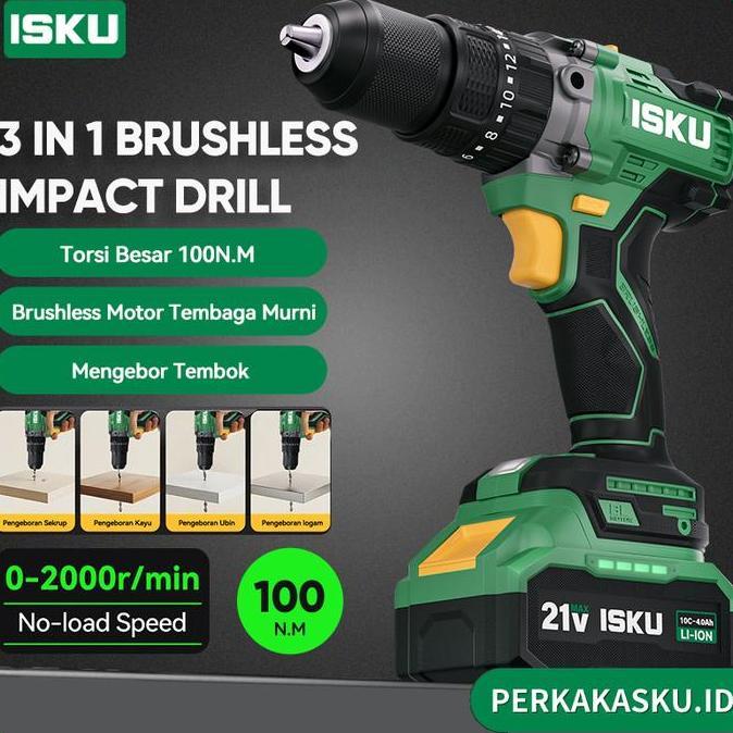 Isku 3 In 1 Brushless Impact Cordless Drill Lithium 21v 100N.M Torsi Besar Untuk Bor Beton & Sekrup
